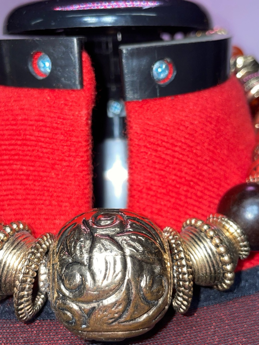 Women’s Antique Bronze Bead Necklace with Red Accents